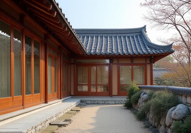 전통 기와와 현대적 유리가 조화된 한옥