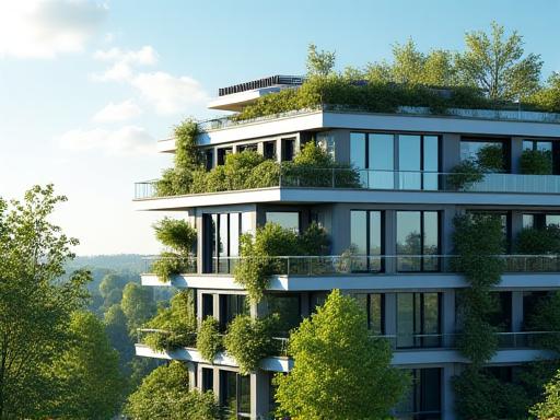 옥상 정원과 태양광 패널이 설치된 건물