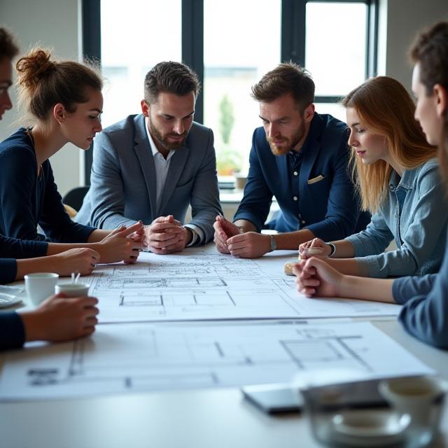 설계 도면을 검토하는 건축가 팀