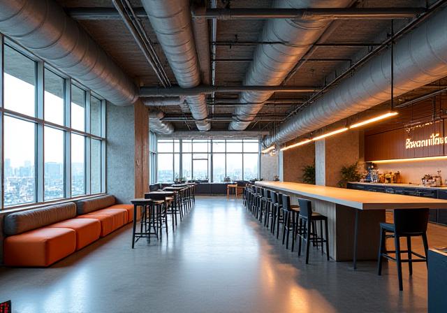 개방형 천장과 산업적 디자인의 사무실 내부